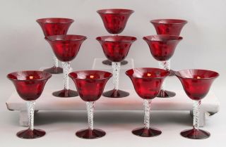 10 Vintage Mid - Century Blenko Art Glass Red Air Twist Sherbet Desserts Glasses