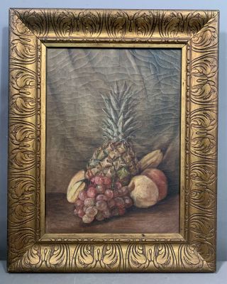 1914 Antique Edwardian Era Pineapple & Grapes Old Still Life Oil Painting Frame