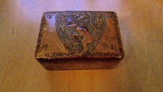 Antique Vintage Leather Bound Wooden Box With Lion Shield Tooled Decoration