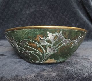 Antique Vintage Heintz Sterling On Bronze Verde Patina Arts & Crafts Bowl 9”
