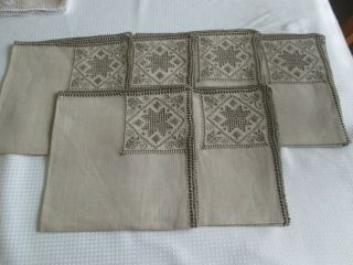 Vintage Lefkara Light Brownl Linen Hand Embroidered Napkins 17 " X17 " X 6
