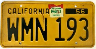 Vintage 1956 Base California License Plate W/ 1962 Sticker