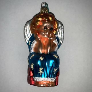 Rare Christopher Radko 4.  5” Angel On Red Gift Box Blown Glass Vintage Ornament