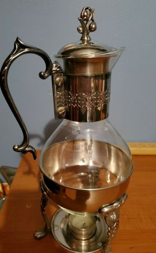 Vintage Silver Plated And Glass Coffee Tea Carafe Pitcher With Warmer Stand