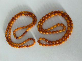 2 Long Antique Vintage Natural Amber Bead Necklaces,  Lovely