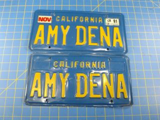 Vtg Blue Yellow California Personalized Vanity License Plates " Amy Dena "