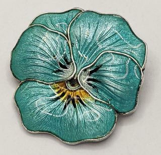 Antique Sterling Silver & Guilloche Enamel Pansy Flower Brooch C1920 