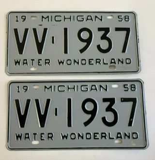 1958 Michigan License Plate Pair Plates Mint/nos Ford Chevrolet Bel Air Dodge
