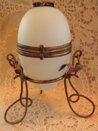Antique French Grand Tour Satin Glass " Egg " Jewelry Trinket Box Ormolu Stand