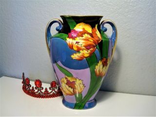 Vintage Lusterware Noritake Vase Art Deco Orange/yellow Parrot Tulips On Purple
