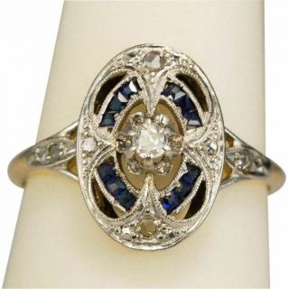 Antique Art Deco Blue Sapphire White Diamond Jewelry Vintage Ring 925 Silver Yu3