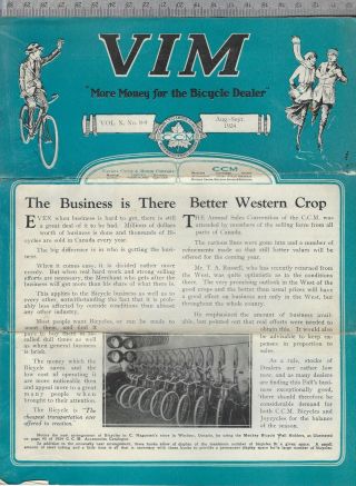 Canada Cycle & Motor Co.  Vim Ccm Bicycle Trade Publication Aug/sept 1924 Cgb