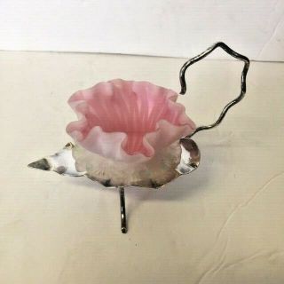 Antique Pink White Cased Satin Glass Salt Pot / Cellar / Dip On Plated Stand