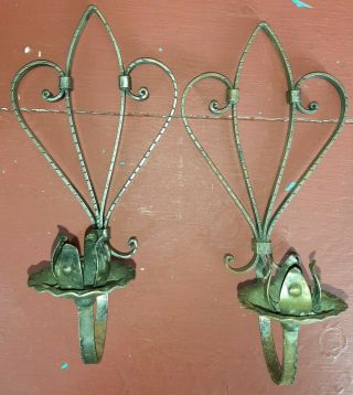 2 Vintage Ornate Metal Wall Sconce Marked Germany Taper Candle Holder 9” Tall