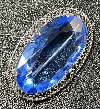 Vintage Brooch Pin 1.  5” Blue Crystal Rhinestone Silver Tone Filigree Lot6