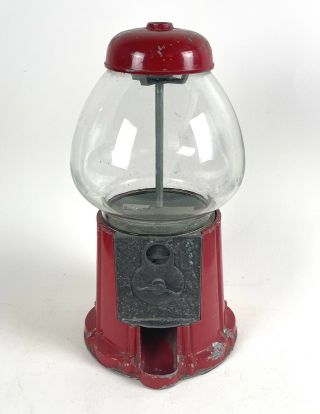 Vintage Red Painted Gumball Dispenser - Metal & Glass,  Coin Operated
