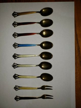 9 Pc Set Of 7 Th Marthinsen Norway Sterling Enamel Spoons & 2 Forks 6 1/16 " Long