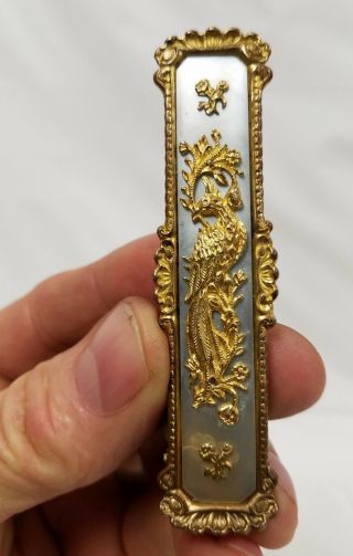 Early Antique Verticle Pin Brooch Mother Of Pearl And Brass Decoration