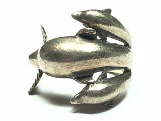 Vintage Ladies Solid Sterling Silver Three Dolphin Ring - Size 6.  5