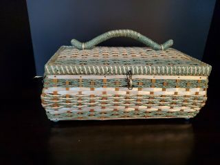 Vintage Wicker & Wood Sewing Basket Silk Lined W/ Plastic Tray Made In Japan