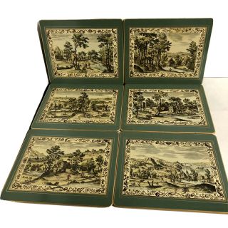 Vintage Lady Clare Hard Board Green Felt Back Placemats Country Scenes Set Of 6