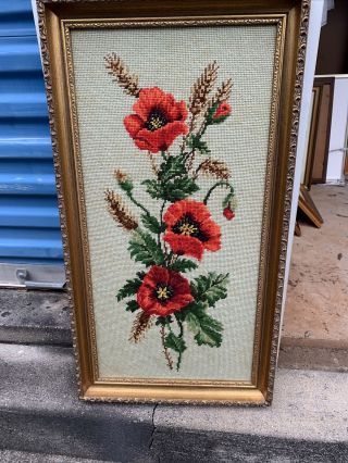 Vintage Yarn Framed Needlepoint Finished Artwork Floral Flower Design 15 X 26