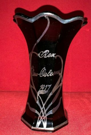 Orleans 1917 Rex Mardi Gras Krewe Favor Onyx Glass Silver Overlay Vase