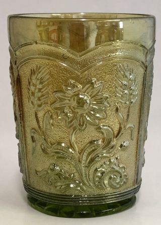 Antique Imperial Carnival Glass Green Field & Flower 4 " Tumbler Vintage - Rare