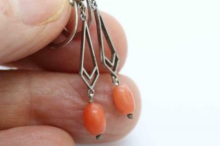 Sweet Antique Art Deco 9ct White Gold & Coral Bead Earrings