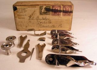 Antique Willcox And Gibbs Sewing Machine Hemmer Attachments Plus More & Box