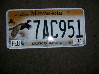 2014 Minnesota License Plate Critical Habitat Pheasant Mn 14 (s)