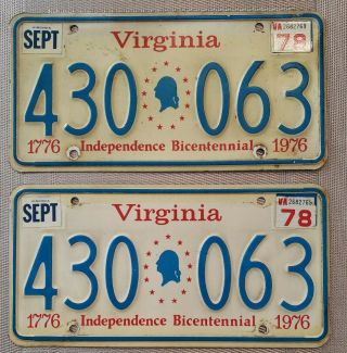 Virginia 1976 Bicentennial License Plate Matched Pair 430 063