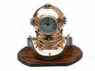Vintage Antique Brass Divers Clock Diving Helmet With Wooden Base Desk Decor