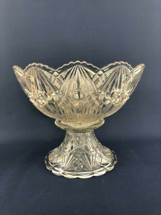 Antique Edwardian Clear Pressed Glass Punch Bowl & Stand 1900s 1910s