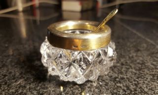 Vintage Russian Soviet 875 Silver/gold Rim Crystal Glass Salt Cellar With Spoon
