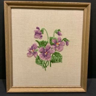 Vintage 1973 Framed Crewel Embroidery On Linen Flowers Violets