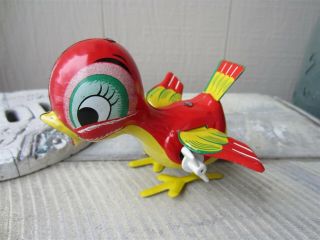 Vintage Mikuni Japan Tin Litho Hopping Pecking Red Bird Wind Up Toy Easter
