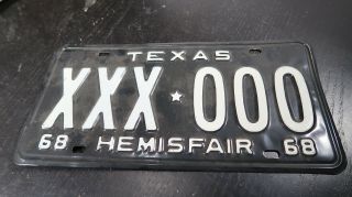 1968 Texas Sample License Plate Xxx 000