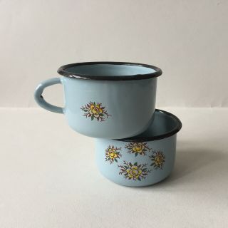 Vintage Soviet Russian Enamel Light Blue Small Pots Cups Floral Design Set Of 2