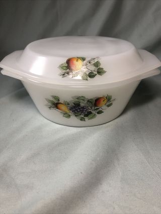 Vintage Arcopal France Fruit Grapes Pear Milk Glass Round Covered Casserole Dish