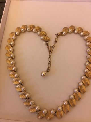 Vintage Signed Trifari Gold Plated And Faux Pearl Necklace