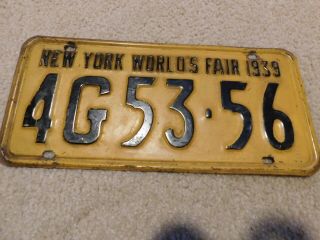 Vintage 1939 York (worlds Fair) License Plate