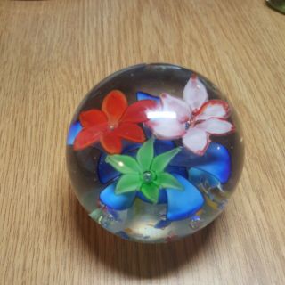 Vintage Art Glass Hand Blown Paperweight Bubbles Multi - Color Flowers