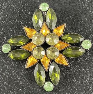 Vintage Inspired Brooch Pin 2.  5” Green & Yellow Faceted Rhinestones Lot1