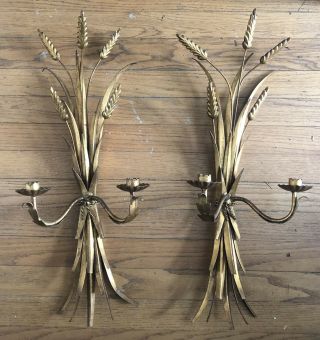 Vintage Pair Hollywood Regency Wheat Sheaf Wall Decor Candle Holders Sconces