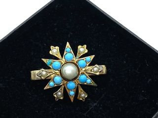 Antique Petite Victorian Pinchbeck Natural Seed Pearls & Turquoise Star Brooch