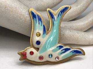 Vintage Colorful Porcelain Dove Bird In Flight Brooch Pin W/ Rhinestones