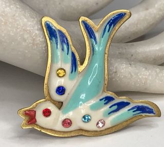 Vintage Colorful Porcelain Dove Bird In Flight Brooch Pin W/ Rhinestones 2