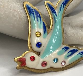 Vintage Colorful Porcelain Dove Bird In Flight Brooch Pin W/ Rhinestones 3