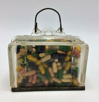 Vintage Antique Glass Suitcase Candy Container Metal Tin Slide Base Wire Handle